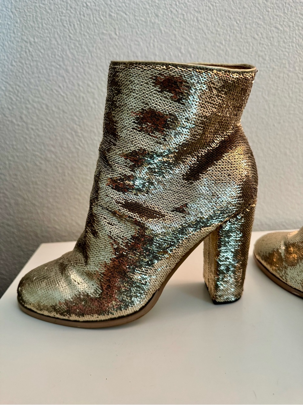 N.Y.L.A. Gold Sequin Block Heel Ankle Boots